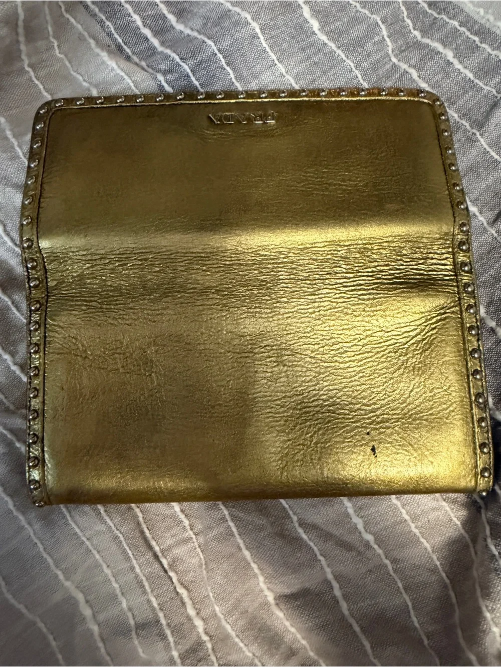 Prada Metallic Gold Leather Long Wallet with Stud Trim
